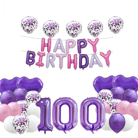 Sweet 100th Birthday Decorations – Purple Number 100 Foil Balloons Set, Happy 100th Birthday Party Supplies with Latex Balloons, Elegant Purple Theme Birthday Decor & Gifts for Girls