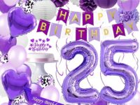 Purple 25th Birthday Decoration Kit – Happy Birthday Banner, Sash, Number 25 Cake Topper, Confetti & Latex Balloons, Paper Lanterns | 25 Years