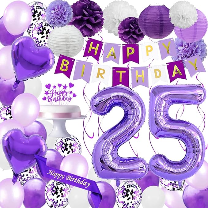 Purple 25th Birthday Decoration Kit – Happy Birthday Banner, Sash, Number 25 Cake Topper, Confetti & Latex Balloons, Paper Lanterns | 25 Years