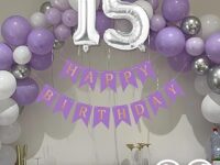 Flyloons 15th Birthday Decoration Kit for Boys Purple and White Theme Combo | 30 Pcs Purple, White & Silver Balloons with “Happy Birthday” Banner, Arch Tape & Glue Dots