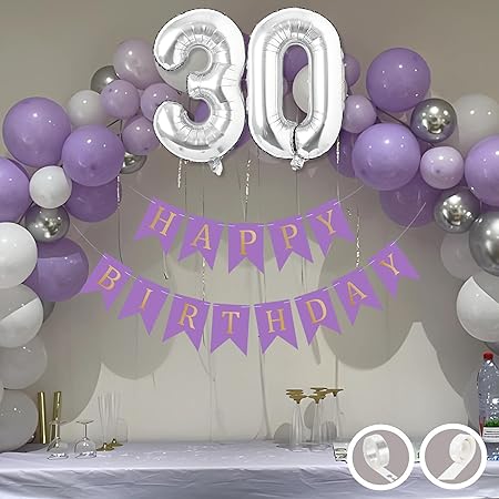 Flyloons 30th Birthday Decoration Kit – Purple & White Theme for Boys, Men | 30 Pcs Purple, White & Silver Balloons | Party Decoration Set