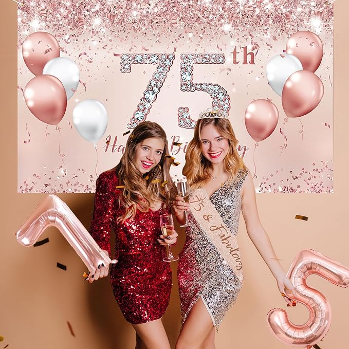 75th Birthday Decorations Party Set for Women, Rose Gold 75 Birthday Banner and Tablecloth, 1PC Happy 75th Birthday Cake Topper, Pink Gold 75 Number Balloons