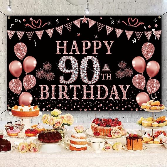 Rose Gold 90th Birthday Decoration Set. Featuring a beautiful “Happy 90th Birthday” backdrop banner, this set is perfect for women
