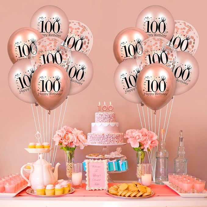 100th Birthday Balloons – 18 Pcs Rose Gold Balloon Set, Happy 100th Birthday Balloons, Confetti Balloons, 12-Inch Party Decorations & Accessories for Women Elegant rose gold balloons for unforgettable