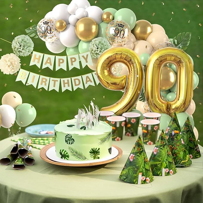 90th Birthday Decorations – Sage Green Theme | Balloon Garland with Number 90 Foil Balloons & Happy Birthday Banner for Men