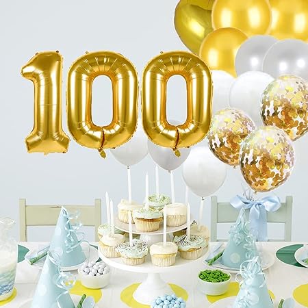Sweet 100th Birthday Decorations – Gold Number 100 Foil Balloons Set, Happy 100th Birthday Party Supplies with Latex Balloons, Elegant Gold Theme Birthday Decor & Gifts for Women Girls