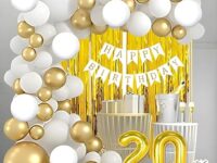 Mystic Toy Store 20th Birthday Decoration Kit for Boys Golden & White Theme Combo | 50 Pcs Gold & White Balloons, 2 Gold Foil Curtains & White “Happy Birthday” Banner