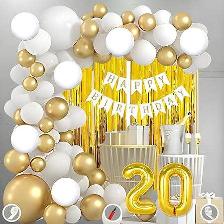 Mystic Toy Store 20th Birthday Decoration Kit for Boys Golden & White Theme Combo | 50 Pcs Gold & White Balloons, 2 Gold Foil Curtains & White “Happy Birthday” Banner