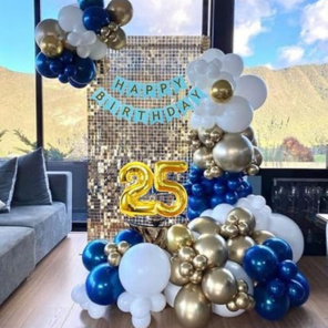 SQUIDSY 25th Birthday Decoration Kit for Boys 64-Pc Complete Party Set | Blue, White & Gold Balloons, Foil Balloons & DIY Birthday Decor Kit