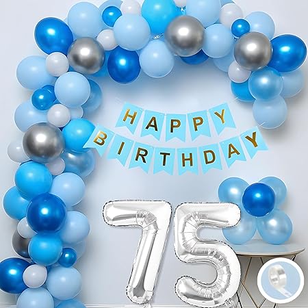 Flyloons 75th Birthday Decoration Items Blue and White Theme Combination for Girls Women | 30 Pcs Blue White Silver Color Balloons | Blue Happy Birthday Paper Banner