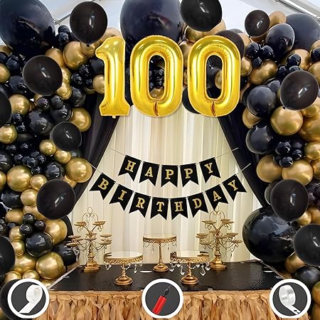 100th Birthday Decoration Kit – Black & Gold Theme for Boys | 50 Pcs Black & Gold Balloons with Black Happy Birthday Banner