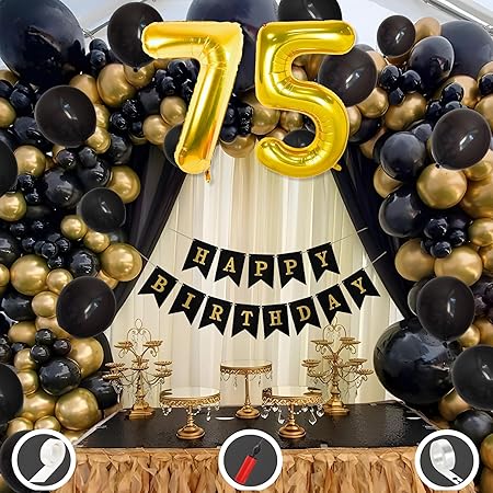 Mystic Toy Store 75th Birthday Decoration Items for Black and Gold Theme Combination for Boys Girls | 50 Pcs Black Gold Balloon | Black Birthday Banner