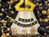Mystic Toy Store 25th Birthday Decoration Kit for Boys Black & Gold Theme Combo 50 Pcs Black & Gold Balloons with Black “Happy Birthday” Banner
