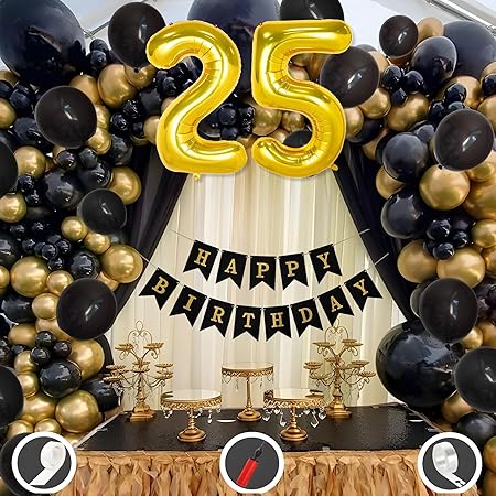 Mystic Toy Store 25th Birthday Decoration Kit for Boys Black & Gold Theme Combo 50 Pcs Black & Gold Balloons with Black “Happy Birthday” Banner