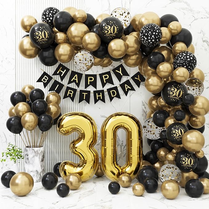 30th Birthday Decorations for Him Her, Black and Gold 30th Birthday