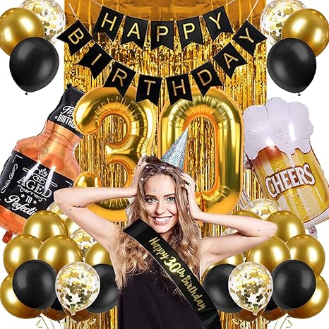 Black and Gold Happy Birthday Decorations for Women