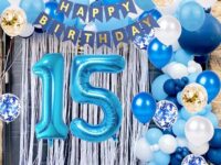 Blue & Gold 15th Birthday Decorations for Boys – Happy Birthday Banner, Number 15 Foil Balloons, Latex & Confetti Balloons Party Set