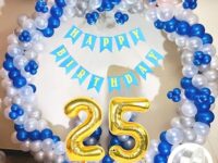 Flyloons 25th Birthday Decoration Kit for Boys – Blue, Silver & White Theme | Balloons, Blue “Happy Birthday” Banner, Arch Tape & Foil