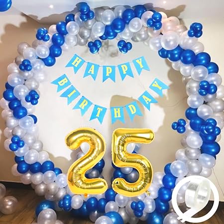 Flyloons 25th Birthday Decoration Kit for Boys – Blue, Silver & White Theme | Balloons, Blue “Happy Birthday” Banner, Arch Tape & Foil