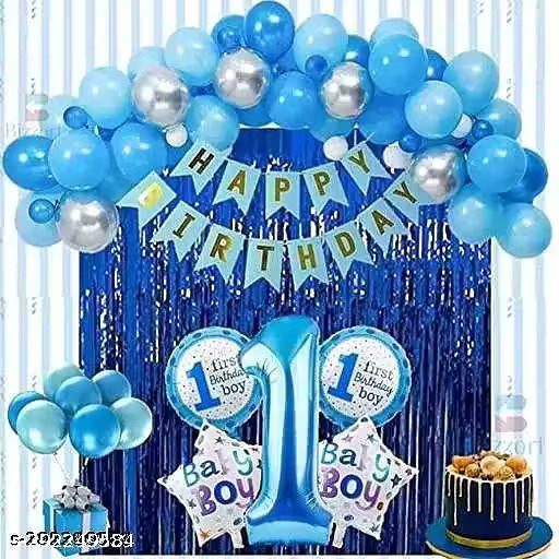 Baby Boys 1st Birthday Party Decoration Kit – 38pcs Combo Pack with Foil Balloons, Foil Curtains, 30 Metallic Silver & Blue Balloons