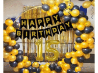 Bubble Trouble Happy Party Studio 15th Birthday Decoration Kit for Boys – 84 Pcs Combo Set with Black & Golden Balloons, Happy Birthday Banner, Backdrop Curtain & Party