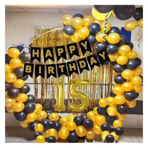 Bubble Trouble Happy Party Studio 15th Birthday Decoration Kit for Boys – 84 Pcs Combo Set with Black & Golden Balloons, Happy Birthday Banner, Backdrop Curtain & Party