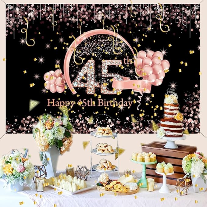 Happy 45th Birthday Decorations Backdrop Banner for Lady/Women Happy 45 Years Old Party Fabric Sign Poster Woman