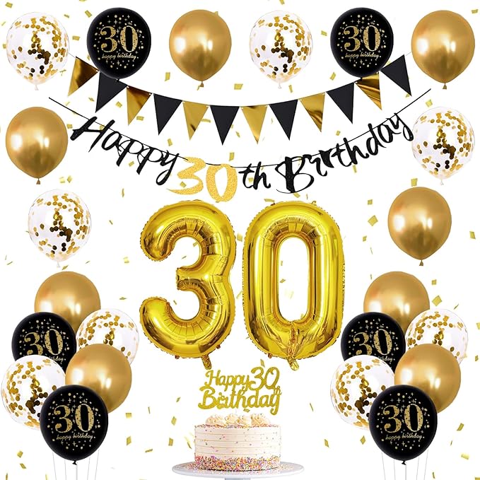 Women Happy 30th Balloons Black 30th Banner Cake Topper