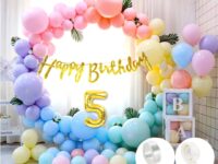 Flyloons 5th Birthday Pastel Party Decoration Kit for Kids – Glitter Gold Happy Birthday Banner, Pastel Balloons, Glue Dots & Balloon