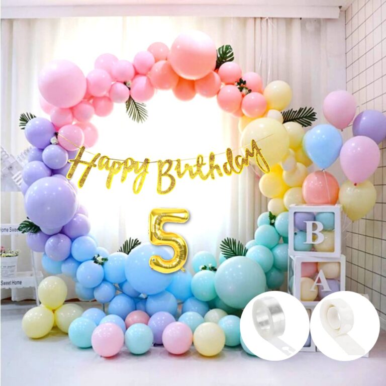 Flyloons 5th Birthday Pastel Party Decoration Kit for Kids – Glitter Gold Happy Birthday Banner, Pastel Balloons, Glue Dots & Balloon