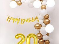 Flyloons 20th Birthday Decoration Kit for Boys Gold & White Theme Combo | 30 Pcs Gold & White Balloons with Gold Glitter “Happy Birthday” Cursive Banner | Party Decoration Set