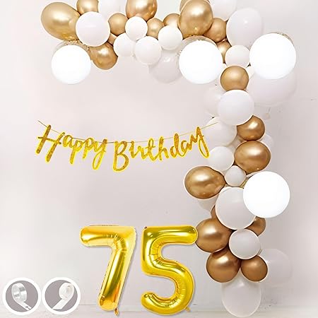Flyloons 75th Birthday Decoration Items Gold and White Theme Combination for  Girls Men Women| 30 Pcs Gold White Color Balloons Gold Happy Birthday