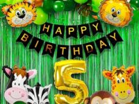 Party Propz 5th Birthday Jungle Party Decoration Kit – 52pcs Decorations for Boys Fifth Birthday Items with 30–32 Inch Huge Animal Foil Balloon