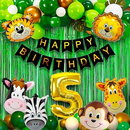 Party Propz 5th Birthday Jungle Party Decoration Kit – 52pcs Decorations for Boys Fifth Birthday Items with 30–32 Inch Huge Animal Foil Balloon