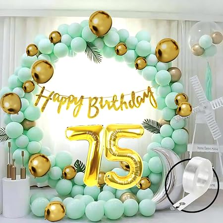 Flyloons 75th Green Gold Happy Birthday Decoration for Girls Kids, Golden Glitter Happy Birthday Banner,Green Pastel Balloons,Golden Chrome Balloon,