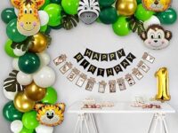 Special You 1st Birthday Jungle Theme Decoration Combo – Safari Party Set with Animal Face Foil Balloons, Green Leaves, Monthly & Happy Birthday Paper Banners