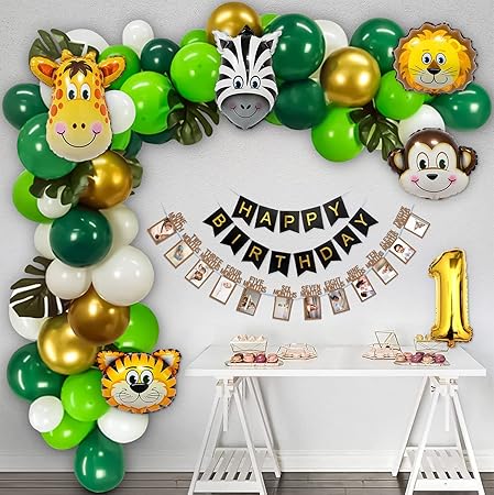 Special You 1st Birthday Jungle Theme Decoration Combo – Safari Party Set with Animal Face Foil Balloons, Green Leaves, Monthly & Happy Birthday Paper Banners