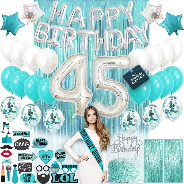45th Birthday Decorations, Birthday Party Supplies, 45th Birthday Banner, Teal Green Confetti Balloon her, 45 Bday Cake Topper