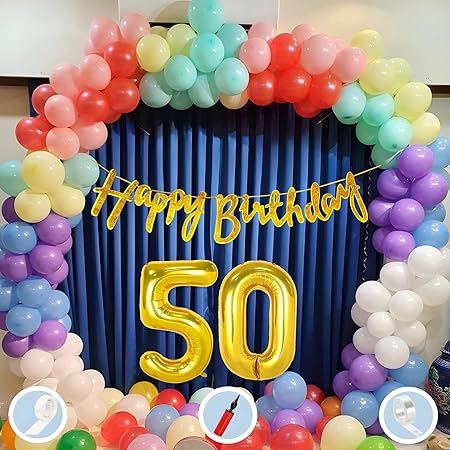 Mystic Toy Store Natural Latex Balloon, Paper Banner 50th Multicolour Birthday Decoration for Boy Girl Kid Men Women