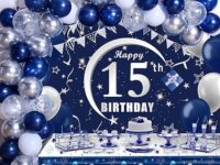 15th Birthday Decorations for Boys Navy Blue & Gold Theme | Happy 15th Birthday Backdrop, Tablecloth, Balloon Garland Kit | Perfect 15th Birthday Party Decor Set