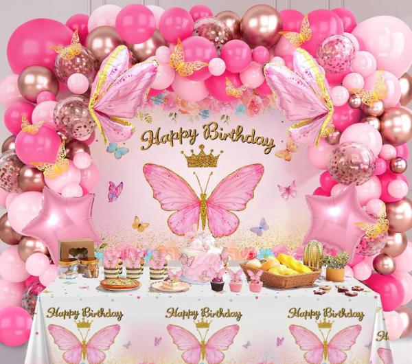 Pink Balloon Arch Kit with Foil Butterfly Balloons