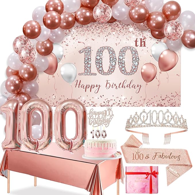 Make her 100th birthday an unforgettable celebration with this complete 100th Birthday Balloon Decoration Set, Featuring rose gold