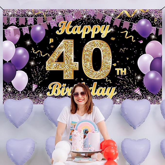 40 Birthday Decorations Backdrop Banner, Purple Gold Happy 40th Birthday Decorations for Women
