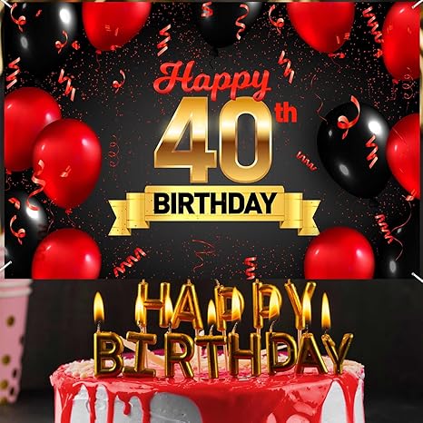 Happy 40th Birthday Red Black Decorations Banner Backdrop Background Balloons Cheers