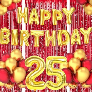 Flyloons 25th Birthday Decoration Kit – Gold & Red Theme for Boys, Gold & Red Balloons with Golden “Happy Birthday” Banner | Party Decoration
