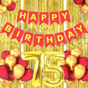 Flyloons 75th Birthday Decoration Kit – Red & Gold Theme for Boys, Husband & Wife | Includes Red Happy Birthday Banner, Gold Foil Curtains