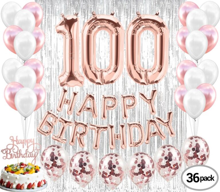 100th Rose Gold Birthday Party Decorations – 100 Party Banner, 85 Photo Props, Cake Topper & Complete Party Supplies for 100th Birthday Celebration,this all-in-one rose gold party decoration set