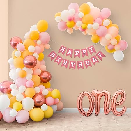 Special You Pastel Theme 1st Birthday Decoration Combo for Girls – DIY Set with Chrome, Yellow & Pastel Balloons, Pink Happy Birthday Banner, and Rose Gold Accents