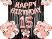 FI-Flick In 54 Pcs 15th Birthday Decorations for Girls – Rose Gold & Black Party Set with Balloons, Cake Topper, Confetti Balloons, and Fringe Curtain Backdrop