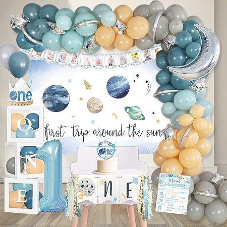 First Trip Around The Sun Birthday Decorations – Space Theme 1st Birthday Party Supplies for Boys, Outer Space First Birthday Decor